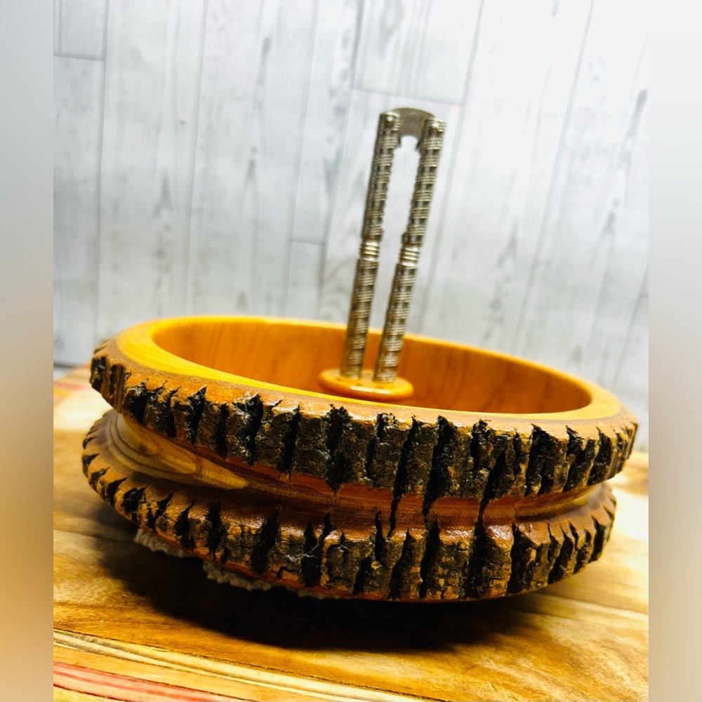 Vintage Wooden Nut Bowl Set With Edge Tree Bark Rustic Nutcracker. No picks.